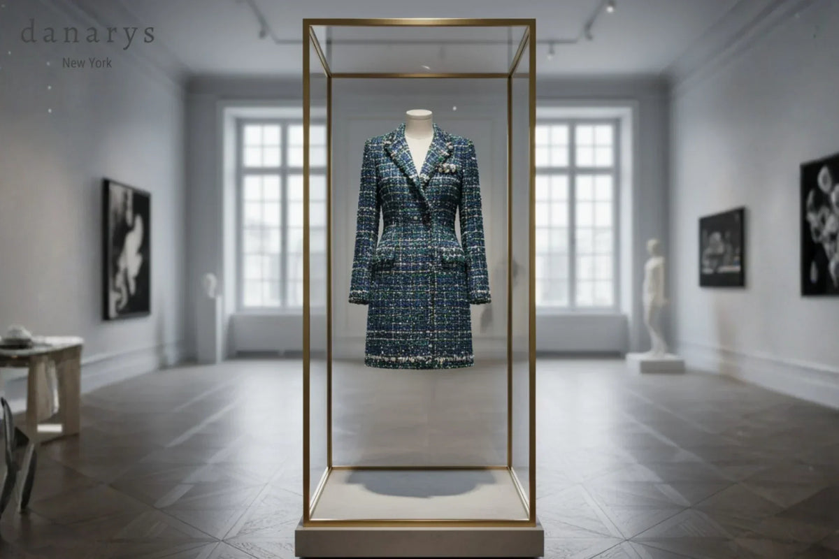 Custom bridal mini dress in blush silk satin with strapless bodice, styled in a luxury studio with floral accents