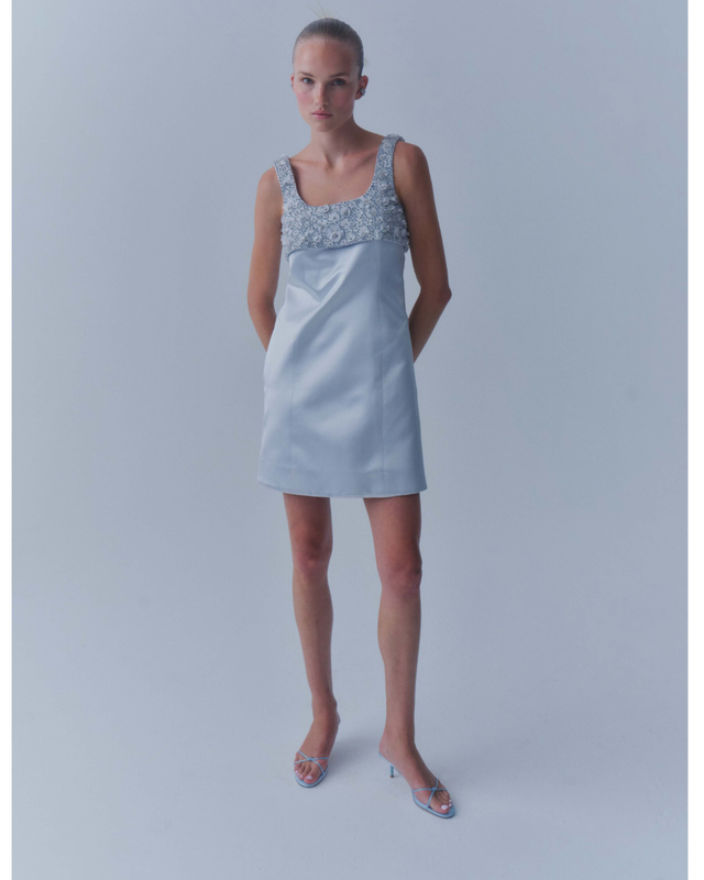 SS26 light blue evening dress with delicate embroidery by Danarys New York
