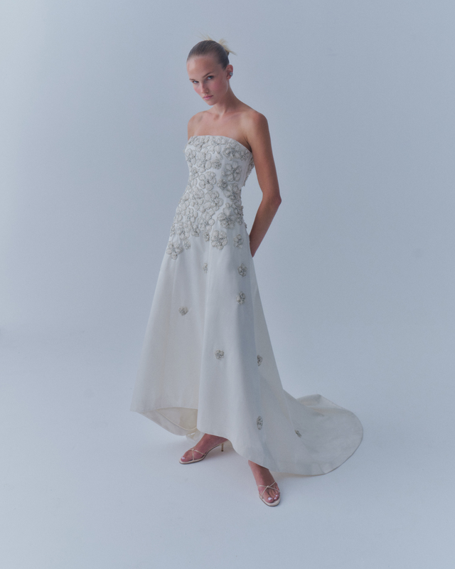 SS26 evening gown with minimalist design and soft drape by Danarys New York